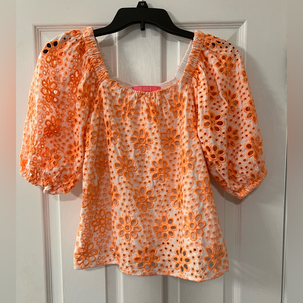 Lilly Pulitzer Orange & White Floral Eyelet Blouse Size XXS